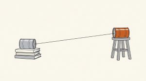 Ink illustration: a tin-can telephone, a gray can on a stack of books joined by a taut string to an orange can on a stool
