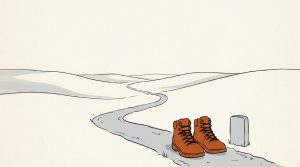 Ink illustration: a pair of new orange hiking boots stands at the start of a long, winding empty trail that stretches away over gray hills, beside a blank stone marker.