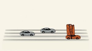 Ink illustration: three toy race cars on a three-lane track. Two are gray; the orange one carries an oversized fuel can strapped to its roof.