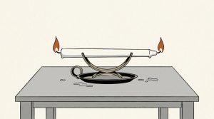 Ink illustration: a white candle lies across a small metal cradle on a table, burning at both ends with two orange flames.