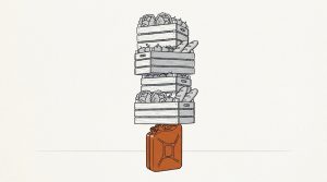 Ink illustration: a tall stack of wooden produce crates holding lettuce, apples and bread rests on a single orange fuel jerrycan.