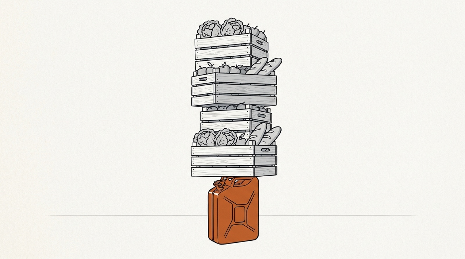 Ink illustration: a tall stack of wooden produce crates holding lettuce, apples and bread rests on a single orange fuel jerrycan.