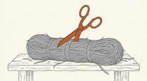 Ink illustration: a large orange pair of scissors stuck partway into a thick bundle of gray rope on a wooden workbench, unable to cut through.
