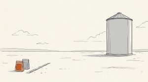 Ink illustration: a tall gray grain silo stands in an empty field while two small seed packets, one orange, sit far away beside a freshly dug furrow.