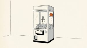 Ink illustration: an arcade claw machine full of gray balls, with one orange prize ball on a high back ledge out of the claw's reach.