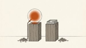 Ink illustration: two wooden pedestals with identical piles of coins at their bases. On the left, a pipe feeds coins into a glass sphere glowing orange; on the right, a plain gray tray sits unchanged.