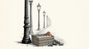 Ink illustration: a row of old cast-iron street lamps recedes down a cobblestone street. At the base of the nearest post sits a crate of new light bulbs, one of them orange, beside a small pile of burned-out bulbs.