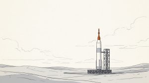 Ink illustration: a tall rocket on a launch pad beside its steel gantry, with a slim orange launch escape tower on its tip.