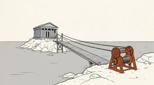 Ink illustration: a small columned stone hall sits on a rocky island, linked to the near shore by a wooden drawbridge whose chains run to an orange winch on the shore.