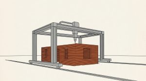 Ink illustration: a large robotic gantry printer on rails stands over a small house whose orange walls are built from stacked layers, its nozzle above the top layer.