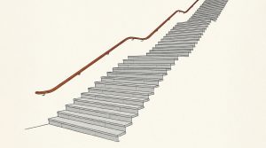 Ink illustration: a long empty stone staircase climbing out of frame, with a single orange handrail running alongside it.