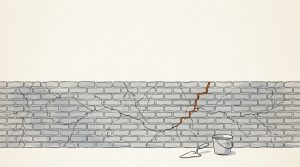 Ink illustration: a long brick wall covered in spreading cracks, with only one crack filled with fresh orange mortar and a trowel and bucket at its base.