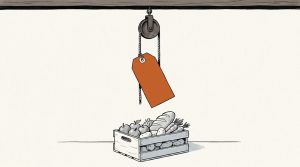 Ink illustration: a pulley on a wooden beam lowers a large blank orange price tag toward a wooden crate of apples, bread, potatoes and carrots.