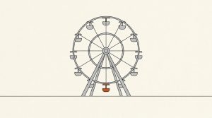 Ink illustration: a Ferris wheel on an empty fairground with one orange gondola at the very bottom of the wheel.