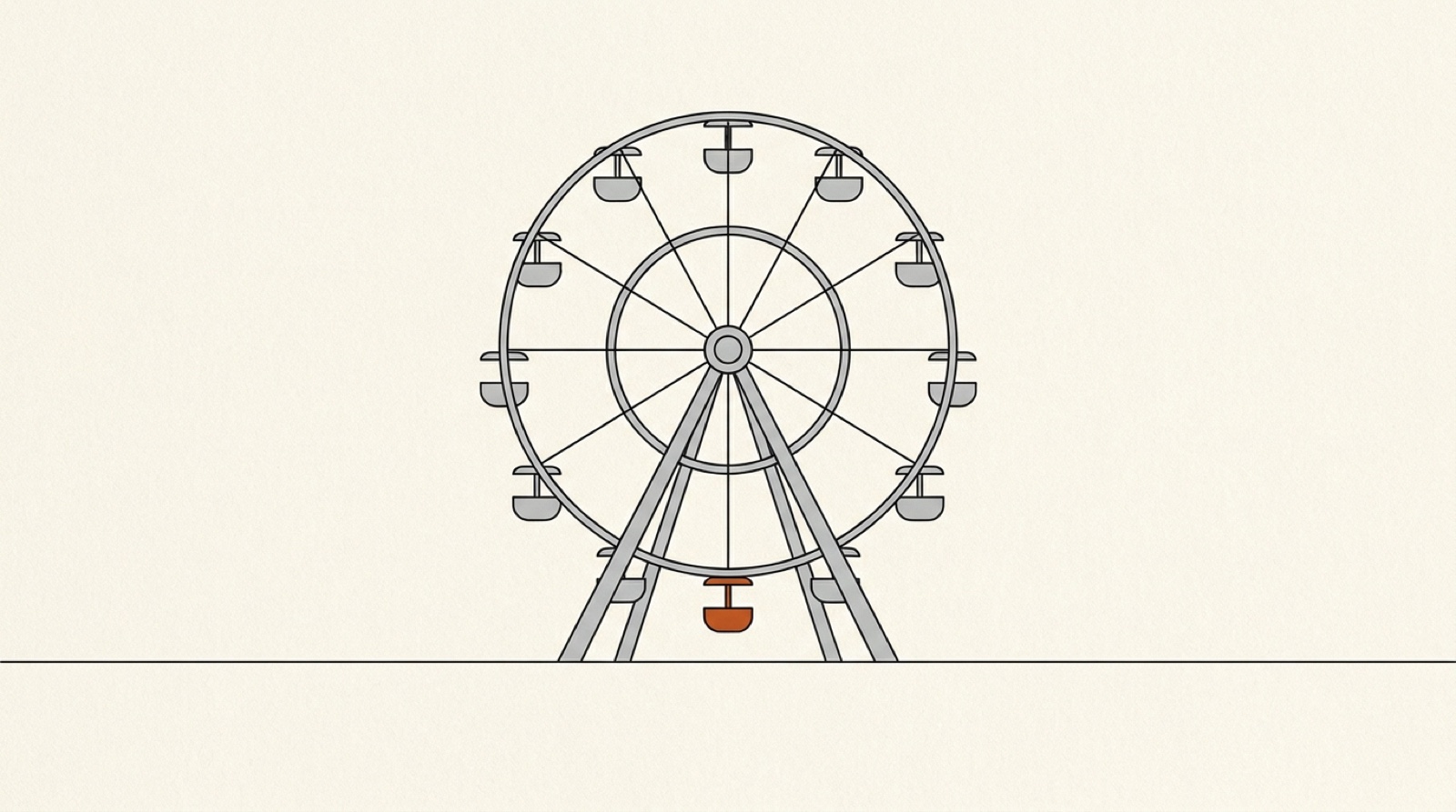 Ink illustration: a Ferris wheel on an empty fairground with one orange gondola at the very bottom of the wheel.