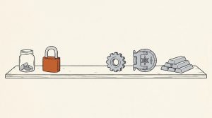 Ink illustration: a small jar with a few coins sits at one end of a long shelf, next to an orange padlock, a gear, a small vault door and a stack of metal bars.