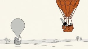 Ink illustration: an orange hot-air balloon carrying champagne, pearls and a ring floats high in the sky, while a plain gray balloon carrying bread and milk hovers just above the ground.