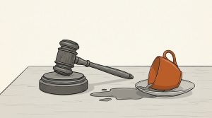 Ink illustration: a judge's gavel rests on its block beside an orange teacup that has tipped over on its saucer, spilling tea across the table.