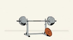 Ink illustration: a loaded barbell resting on a weight rack, with one orange weight plate taken off and leaning against the foot of the rack.