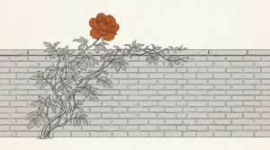 Ink illustration: a leafy vine climbs up a long brick wall, and a single orange rose blooms just above the top of the wall.