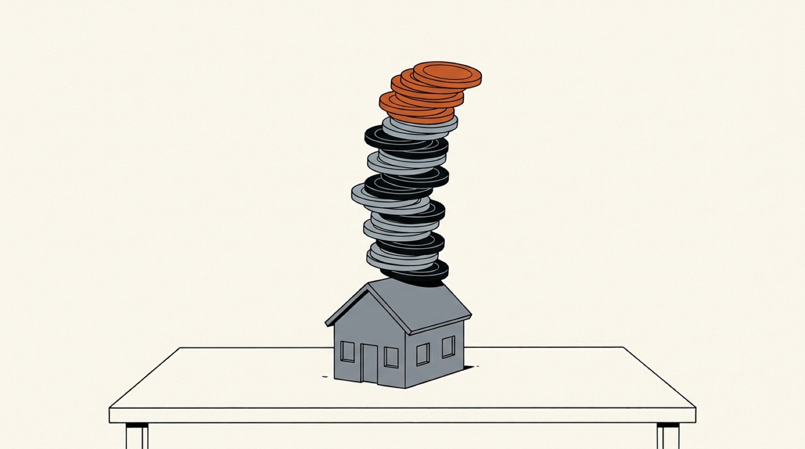 Ink illustration: a tall, wobbling stack of poker chips with orange chips on top, balanced on the roof of a small gray house sitting on a table.