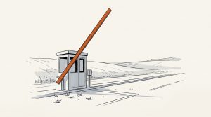 Ink illustration: a small toll booth on an empty country road with its orange barrier arm raised, the road running on through open fields.