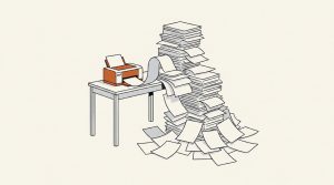 Ink illustration: a small orange printer on a desk feeds a long ribbon of blank paper into a towering, toppling heap of blank sheets that spills across the floor.