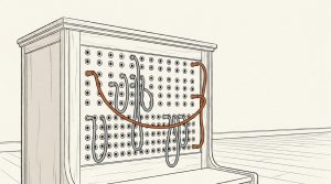 Ink illustration: an old telephone switchboard full of gray patch cords, with one long orange cord stretched across the whole panel connecting one side to the other.