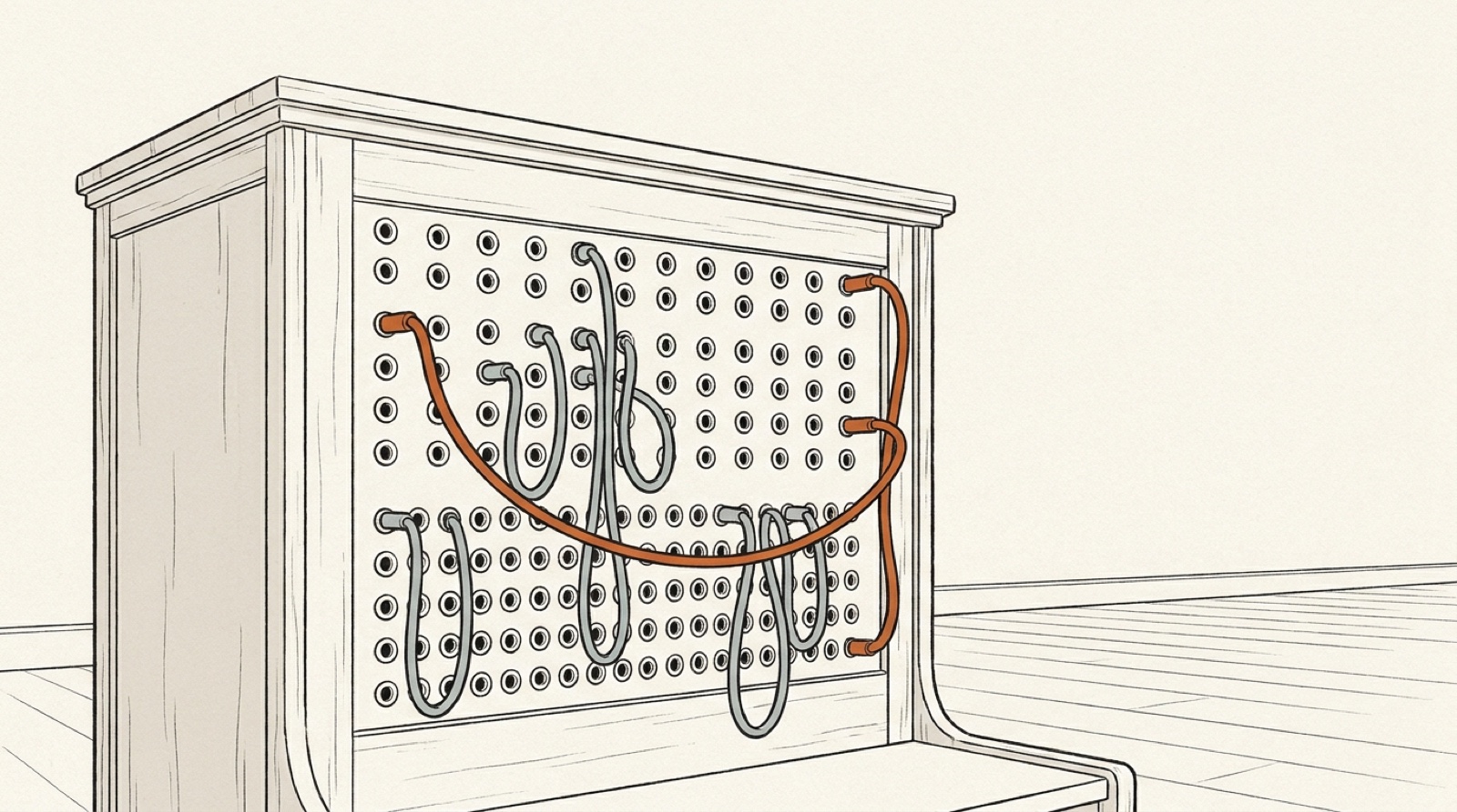 Ink illustration: an old telephone switchboard full of gray patch cords, with one long orange cord stretched across the whole panel connecting one side to the other.
