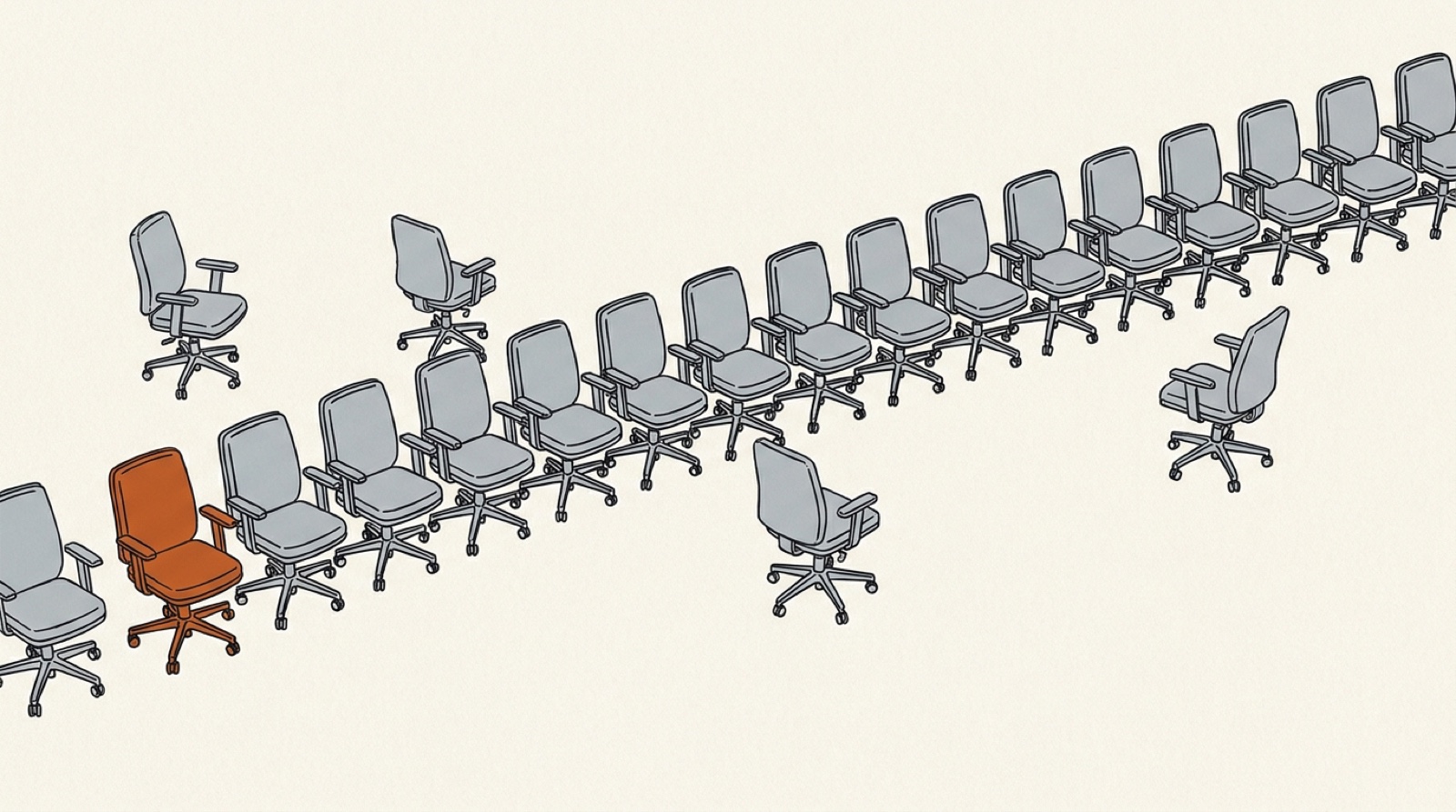 Ink illustration: a long row of gray office chairs with several rolled out of line and one orange chair at the front