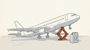 Ink illustration: an orange scissor jack lifts the nose of a model airliner off the ground, next to a gray metal fuel can.