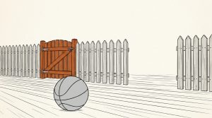 Ink illustration: a basketball on a hardwood floor in front of a picket fence with a shut orange gate, while the fence stops short on the right and leaves an open gap.
