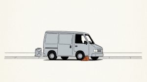 Ink illustration: a plain delivery van parked at a curb with an orange wheel chock against its front tire and a fuel can on the sidewalk