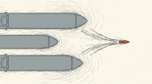 Ink illustration seen from above: a small orange speedboat races ahead of three enormous gray container ships.