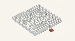 Ink illustration: an orange computer chip has found its way out of a gray maze with several closed gates inside.