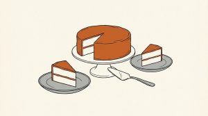 Ink illustration: a round orange-frosted layer cake on a white cake stand with a wedge missing, two cut slices on gray plates beside it and a cake server on the table.