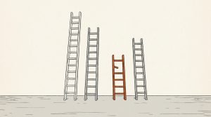 Ink illustration: four ladders lean against a blank wall. Three gray ladders reach high; one short orange ladder with a broken rung stops low.