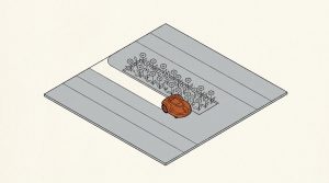 Ink illustration: a small orange robotic lawn mower has cut a straight path across a striped lawn and into a neat bed of gray flowers.