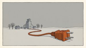 Ink illustration: a giant orange electrical plug lies in a snowy field, its cord running back to a tiny prairie town with a grain elevator and a few houses.