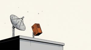 Ink illustration: an old satellite TV dish on a rooftop, and beside it an orange server box on a pole, tilted toward the same starry sky.
