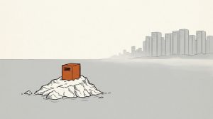 Ink illustration: a small orange server cabinet stands alone on a rocky island in calm water, with a gray skyline of tall buildings far away on the horizon.