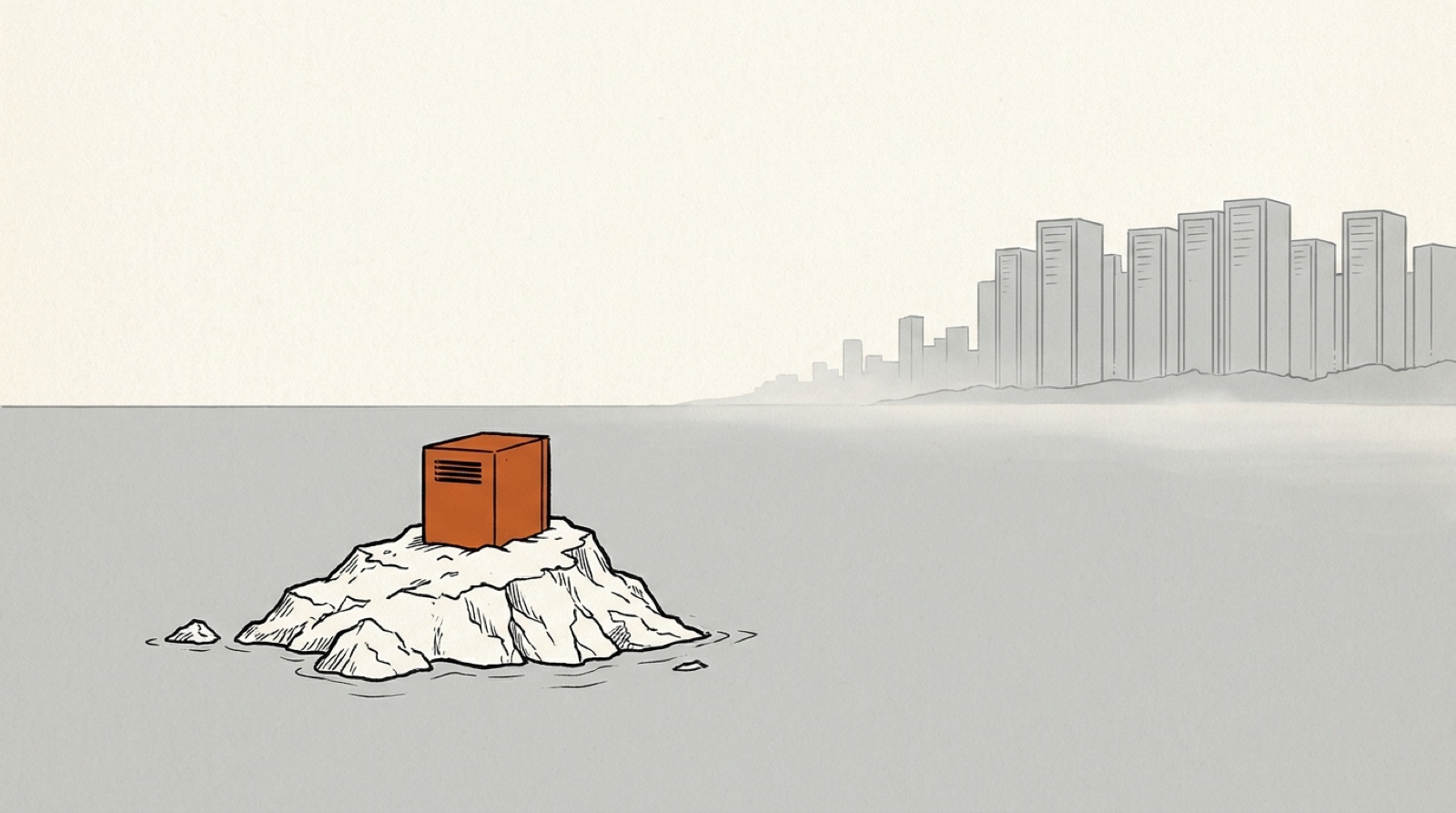 Ink illustration: a small orange server cabinet stands alone on a rocky island in calm water, with a gray skyline of tall buildings far away on the horizon.