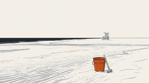 Ink illustration: a wide beach at low tide with an orange sand bucket and a rake waiting on the wet sand, an empty lifeguard tower in the distance.