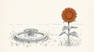 Ink illustration: a round steel bunker hatch sealed shut in an open meadow, a few steps from a tall sunflower in full orange bloom.