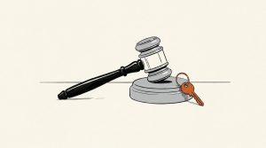 Ink illustration: a judge's gavel rests on its sound block, with a small orange house key leaning against the block.
