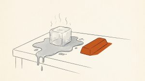 Ink illustration: a block of ice melts into a spreading puddle on a tabletop while a solid orange ingot beside it stays dry and unchanged.