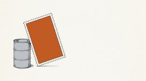 Ink illustration: a small gray oil drum beside a blank orange postage stamp several times its size, leaning against it.
