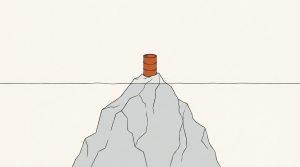 Ink illustration: a small orange oil barrel sits on the tip of an iceberg, while a much larger gray mass of ice spreads out below the waterline.