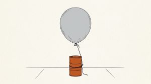 Ink illustration: a gray balloon is tied by its string to a small orange oil drum on the floor, held down and unable to rise.