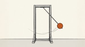 Ink illustration: a tall wooden frame with a long pendulum caught near the top of its swing, its heavy orange bob about to swing back down.